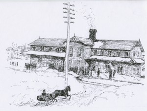 Waiting  for the train from Jersey City. Aftermath of the Blizzard of '88 Sketch by J.P. Kenna