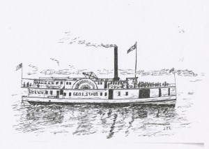Sidewheeler Geo. E. Starr plods up Puget Sound on as overcast day. Sketch by J.P. Kenna