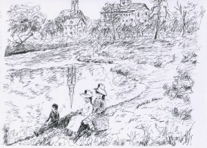 Sunday picnic along the Robinson's Branch. Steeple of German Catholic Church reflected in stream. Sketch by J.P. Kenna from photo appearing in Rediscovery of Rahway, by F. Alexander Shipley
