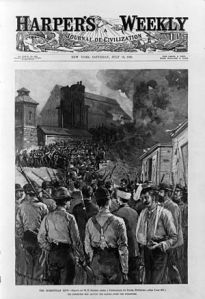 Cover of Harpers Weekly The Pinkertons file from the barge, after surrendering to the strikers