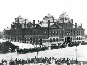 American Railway Union strikers (foreground) face the Illinois State Militia in Chicago. from Wikipedia